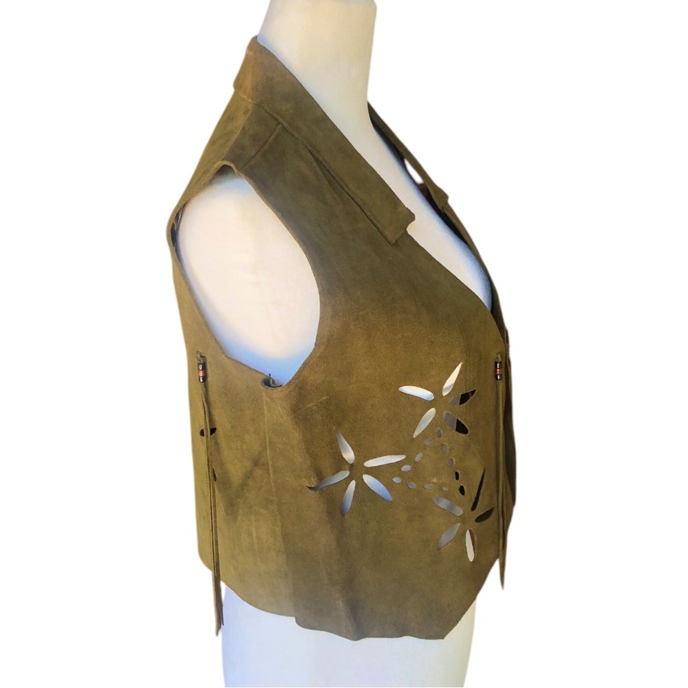 Vintage Army Green Suede Vest Fringe Detail and Flower cut outs - Picture 6 of 16
